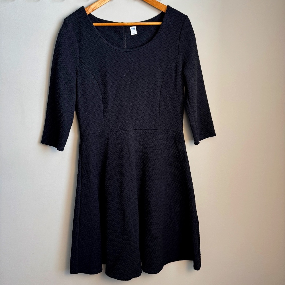 Old Navy Women's L 3/4 Sleeve Jacquard Fit + Flare Mini Dress Black‎ Coquette